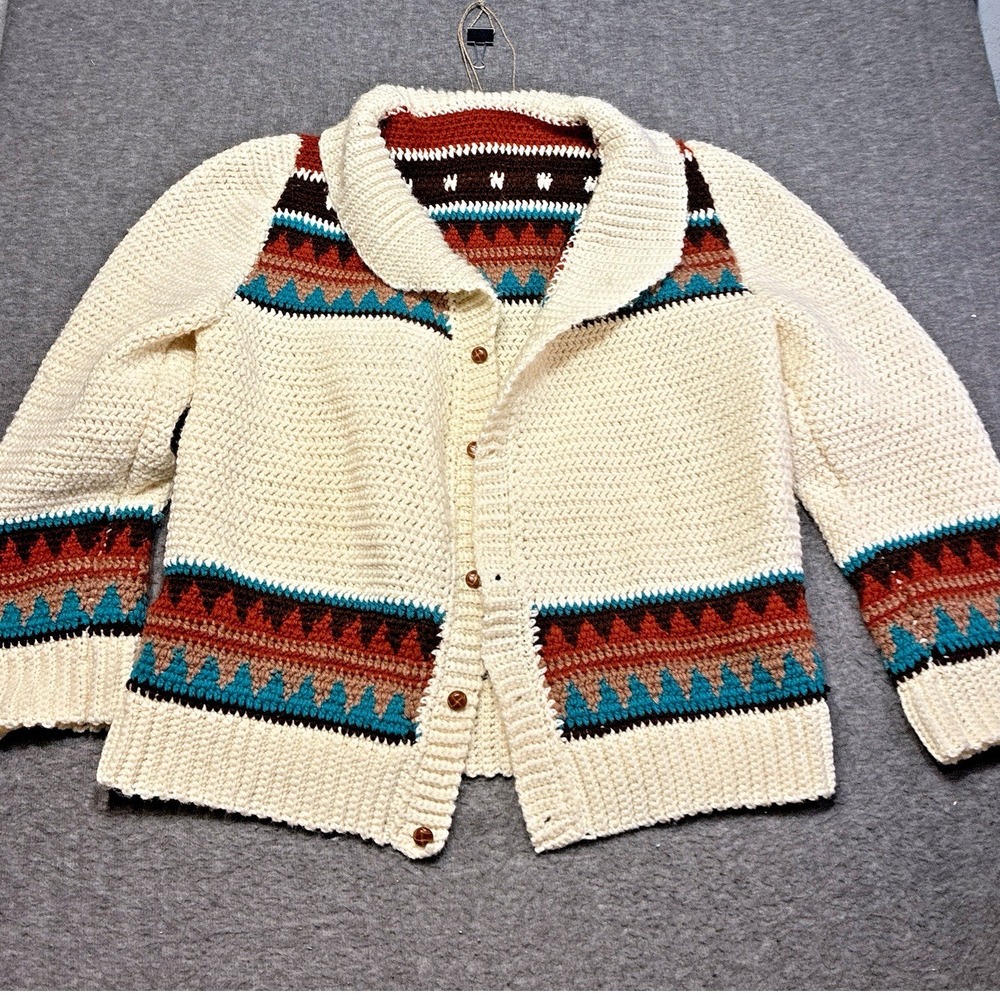 Vintage 70s‎ Cowichan Ski Knit Sweater Size Men XL Extra Large Cardigan Handmade